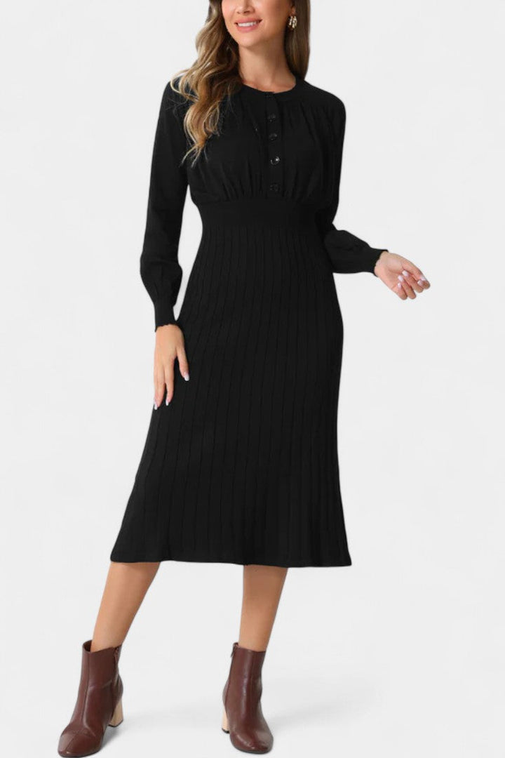 Evangeline | Ribbed Button-Front Midi Dress