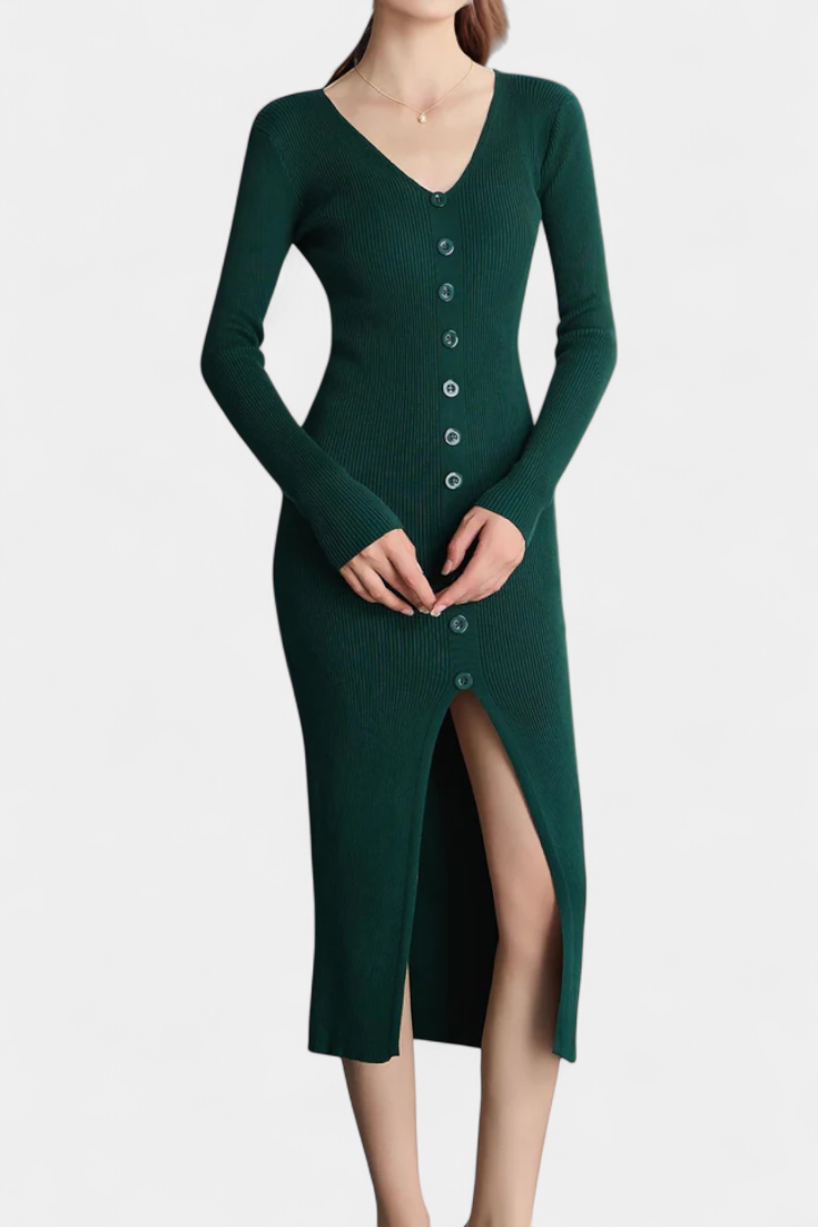 Fenella | Button-Front Ribbed Midi Dress