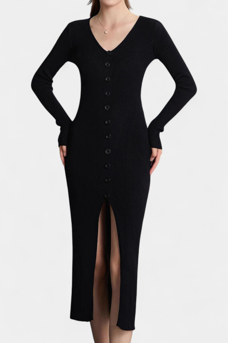 Fenella | Button-Front Ribbed Midi Dress