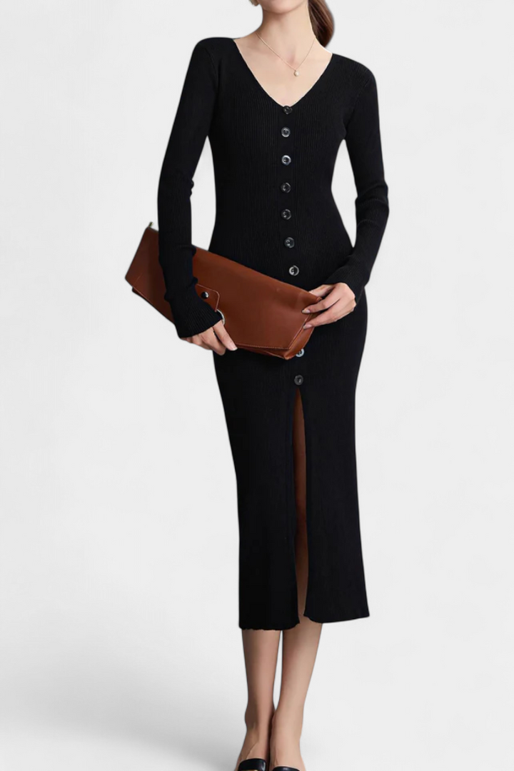 Fenella | Button-Front Ribbed Midi Dress