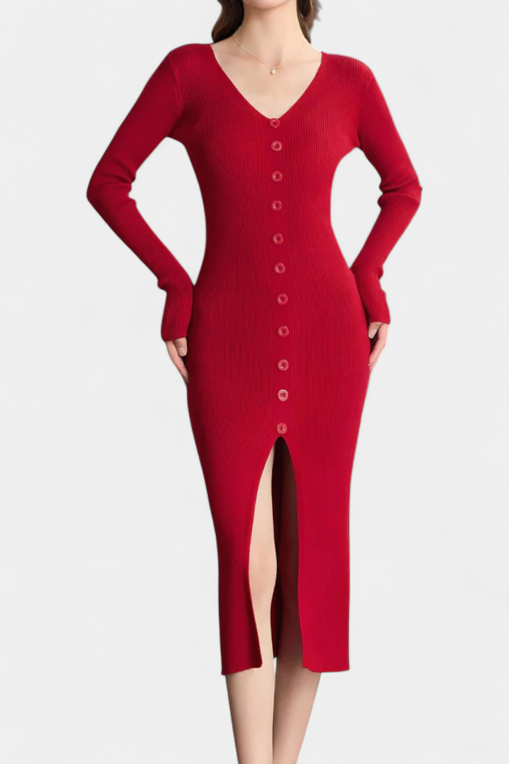 Fenella | Button-Front Ribbed Midi Dress