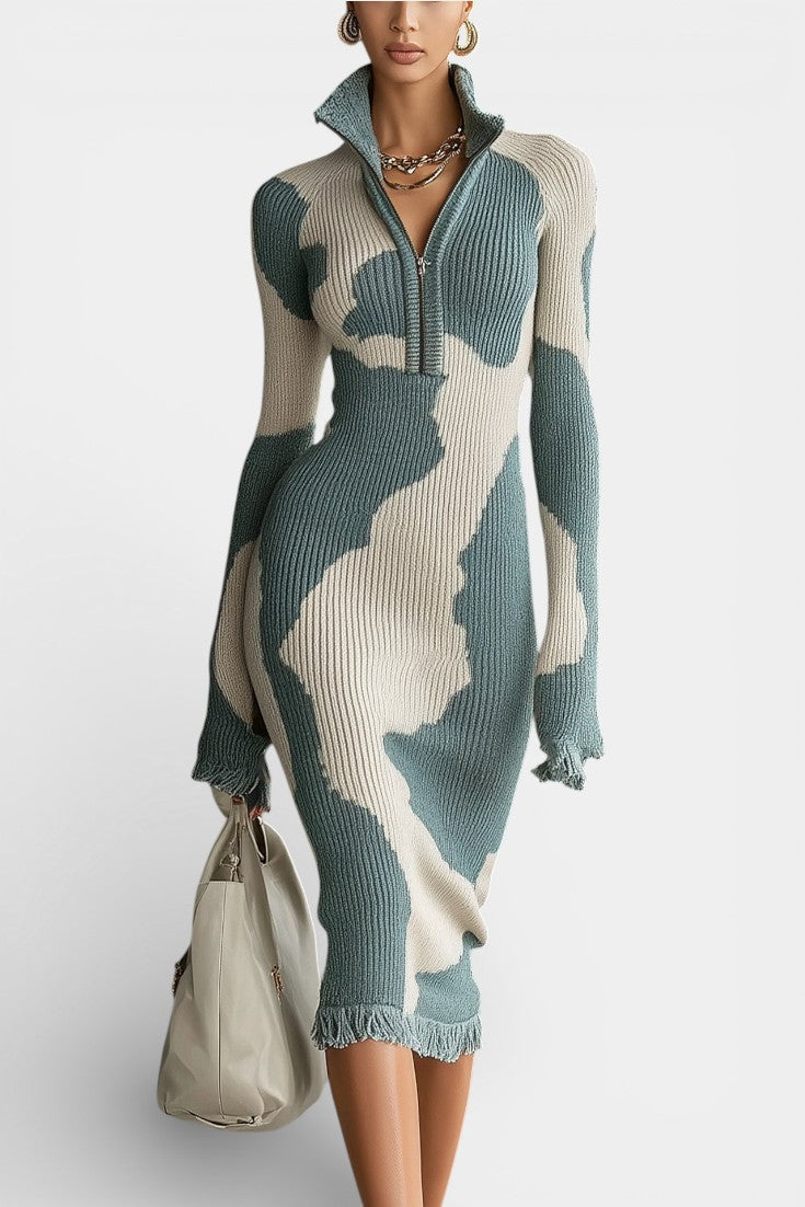 Esther | Abstract Knit Midi Dress with Zip Collar