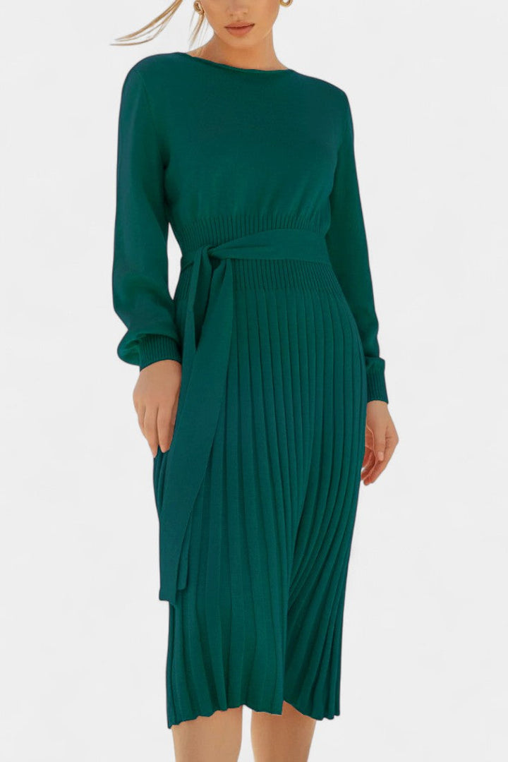 Adelina | Belted Pleated Midi Dress