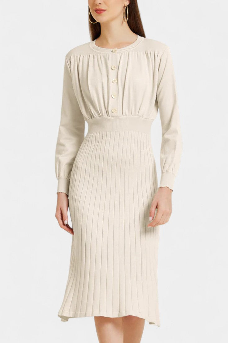 Theodora | Ribbed Midi Dress with Lantern Sleeves