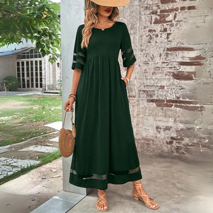 Saffron | Softly Draped Mesh-Panel Midi Dress