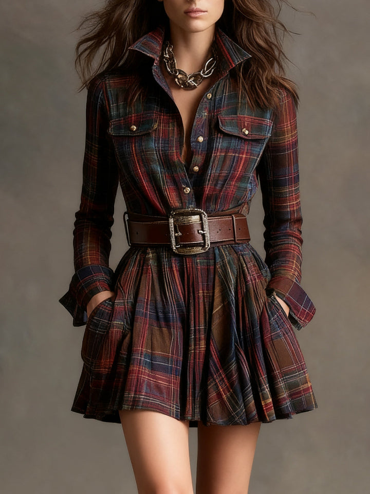Isadora | Belted Checked Mini Shirt Dress