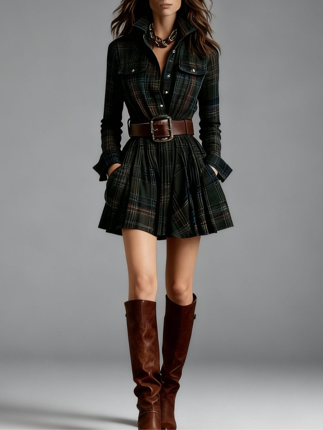 Isadora | Belted Checked Mini Shirt Dress