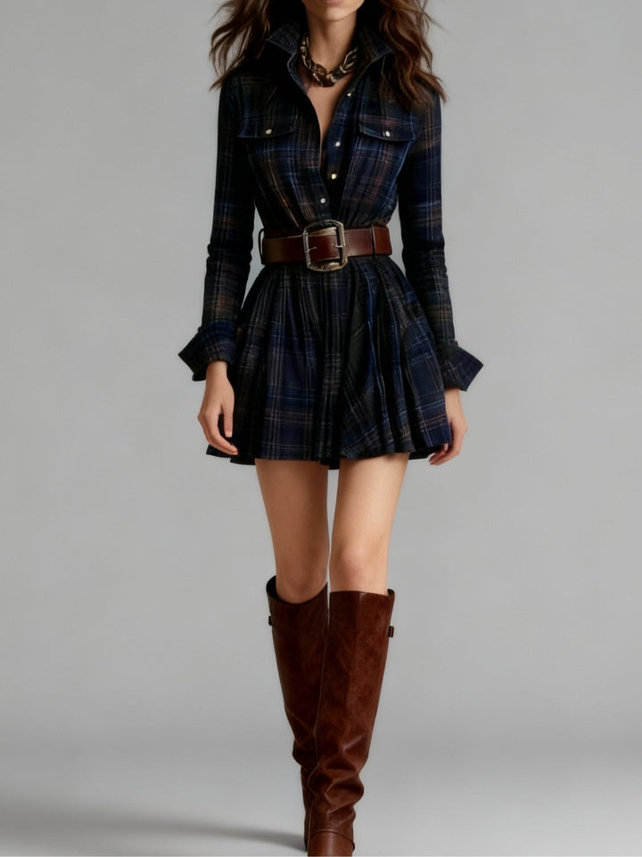 Isadora | Belted Checked Mini Shirt Dress