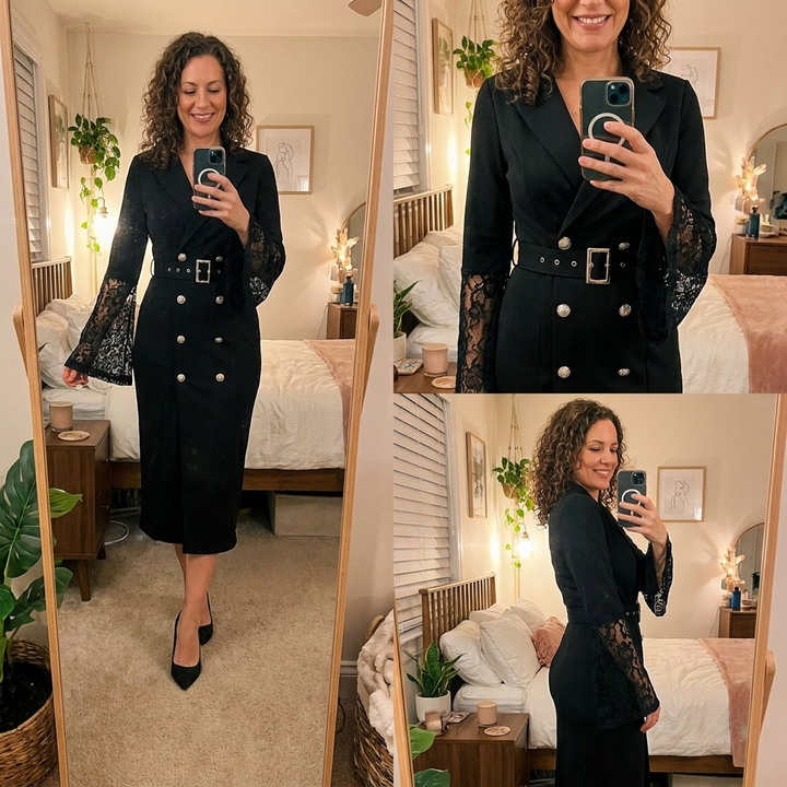 Isadora | Belted Lace-Sleeve Midi Dress