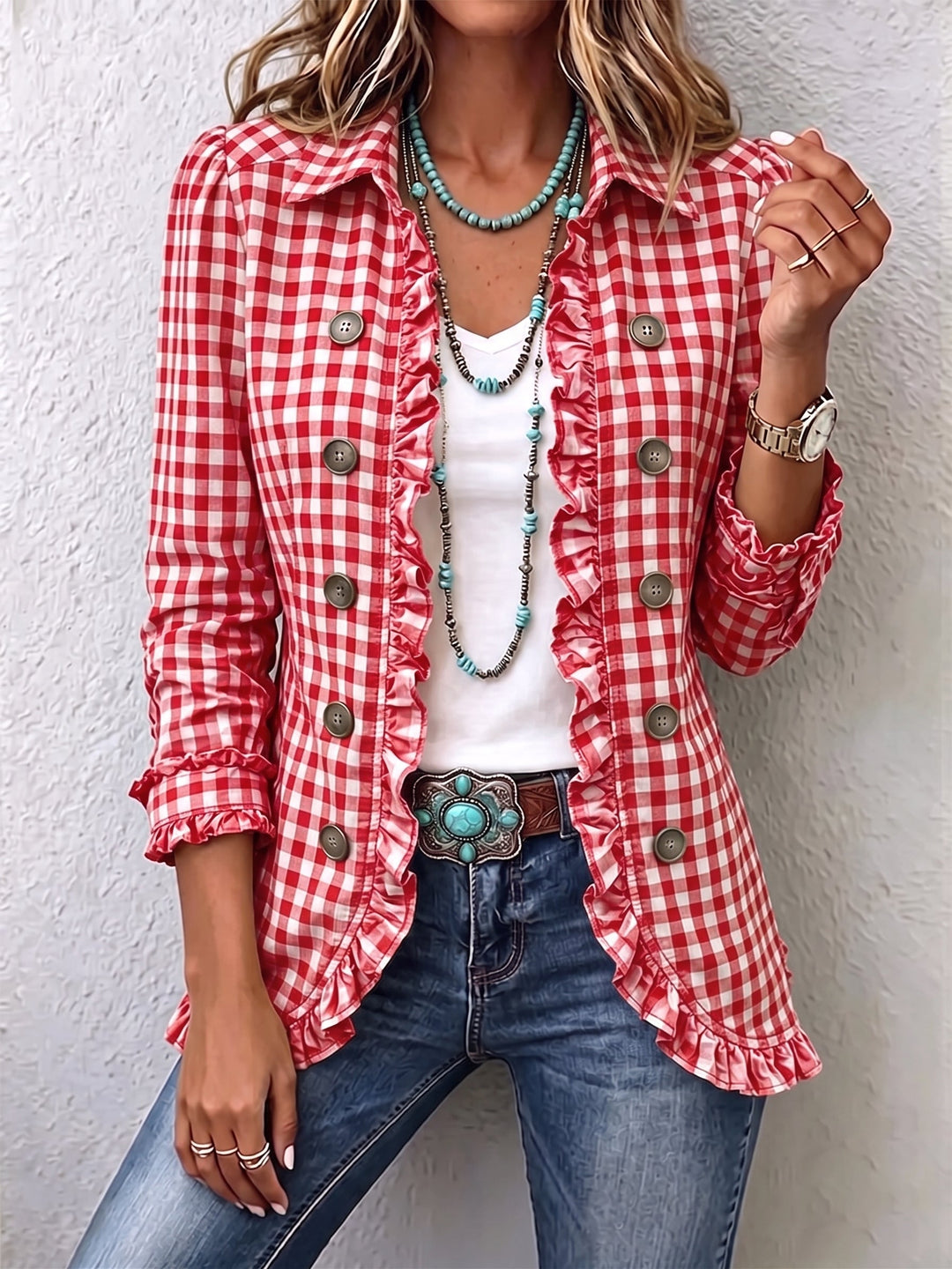 Marlbeth | Checked Ruffle-Trim Button Jacket