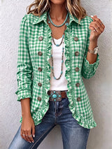 Marlbeth | Checked Ruffle-Trim Button Jacket