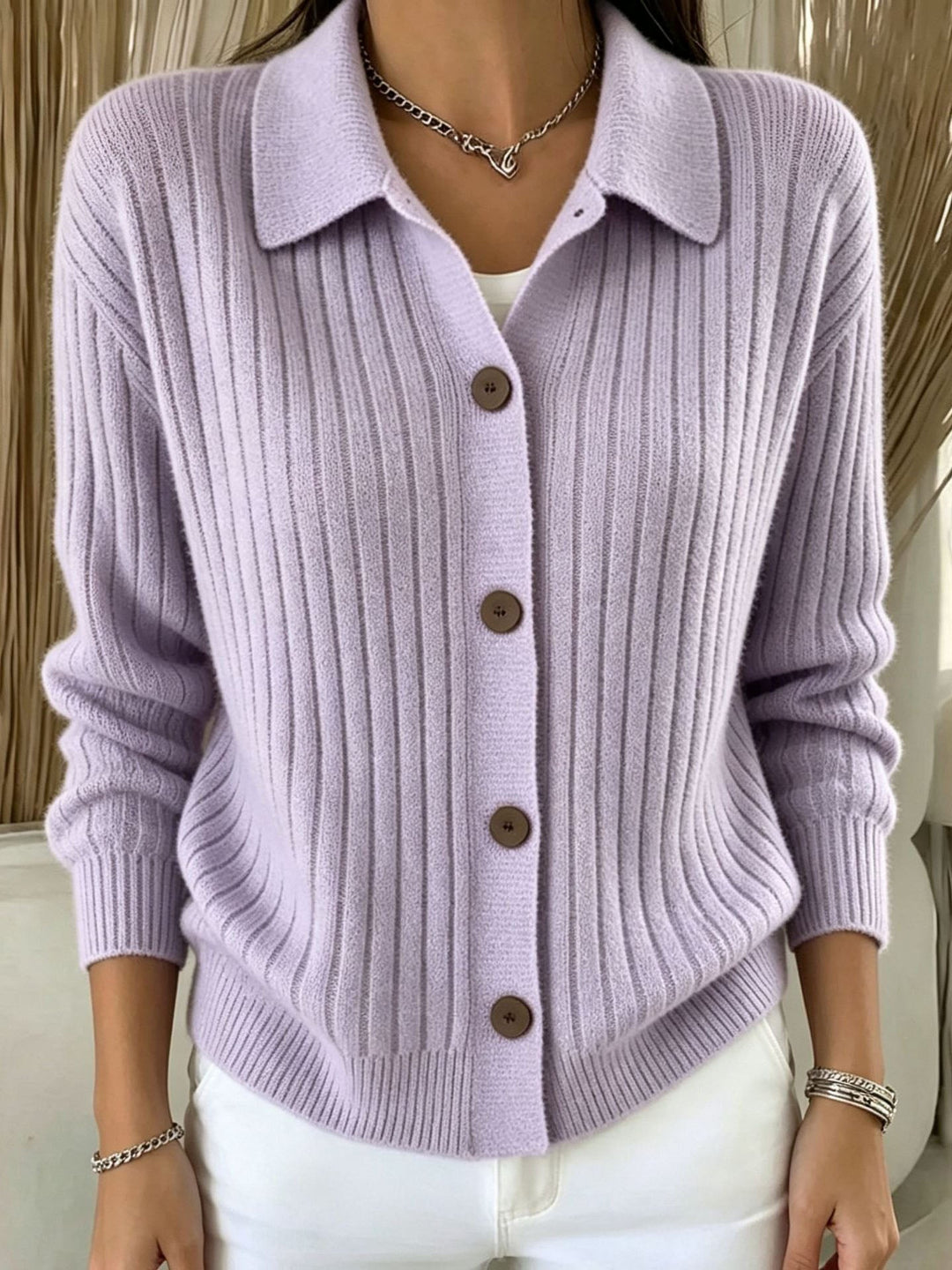 Angeline | Ribbed Collared Button-Down Cardigan