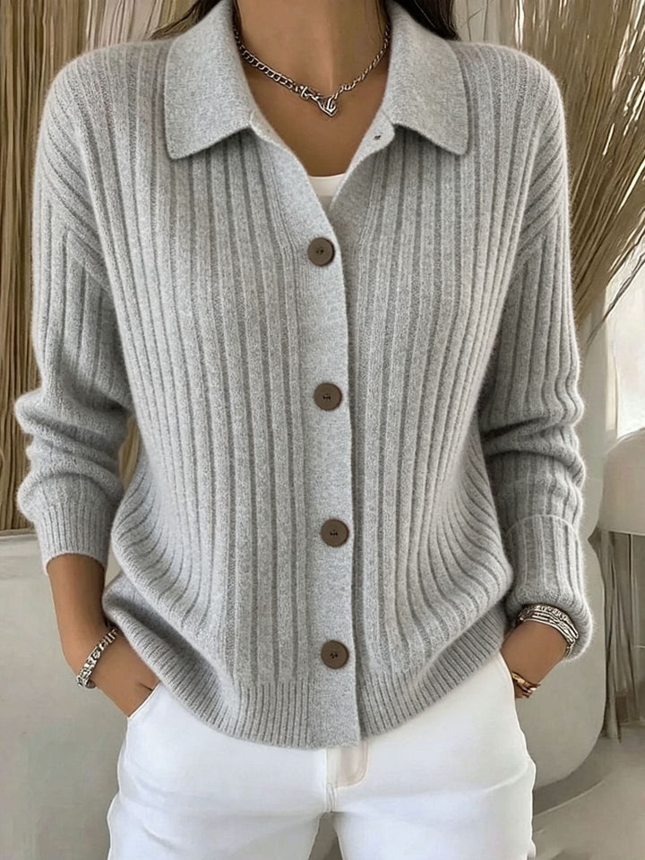 Angeline | Ribbed Collared Button-Down Cardigan