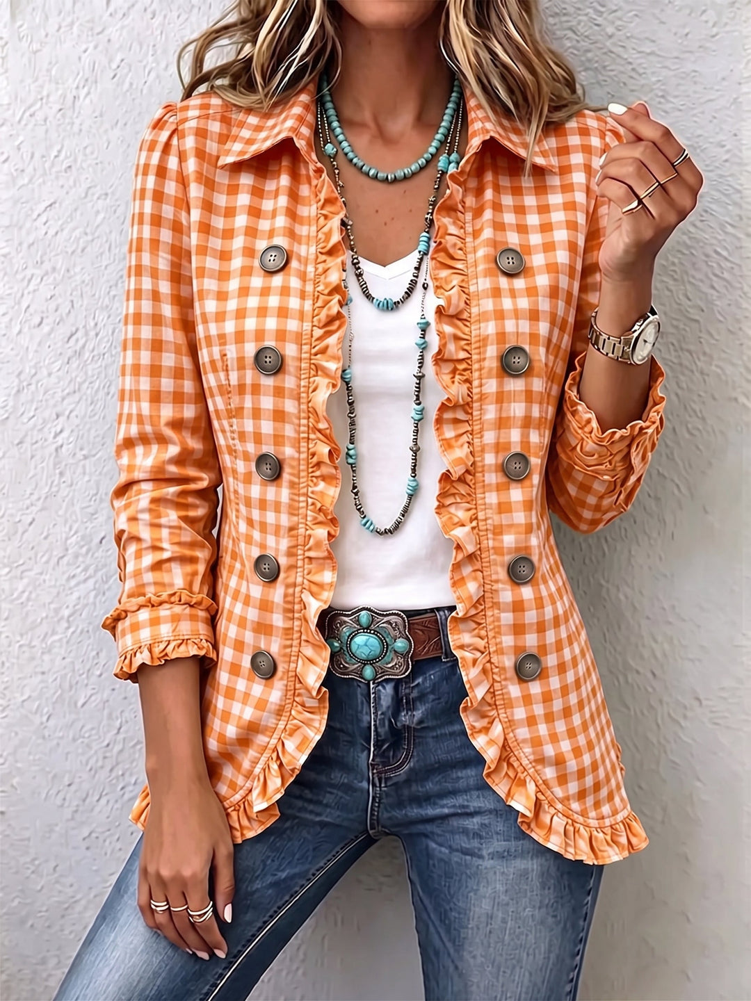Verona | Ruffled Gingham Button-Down Jacket