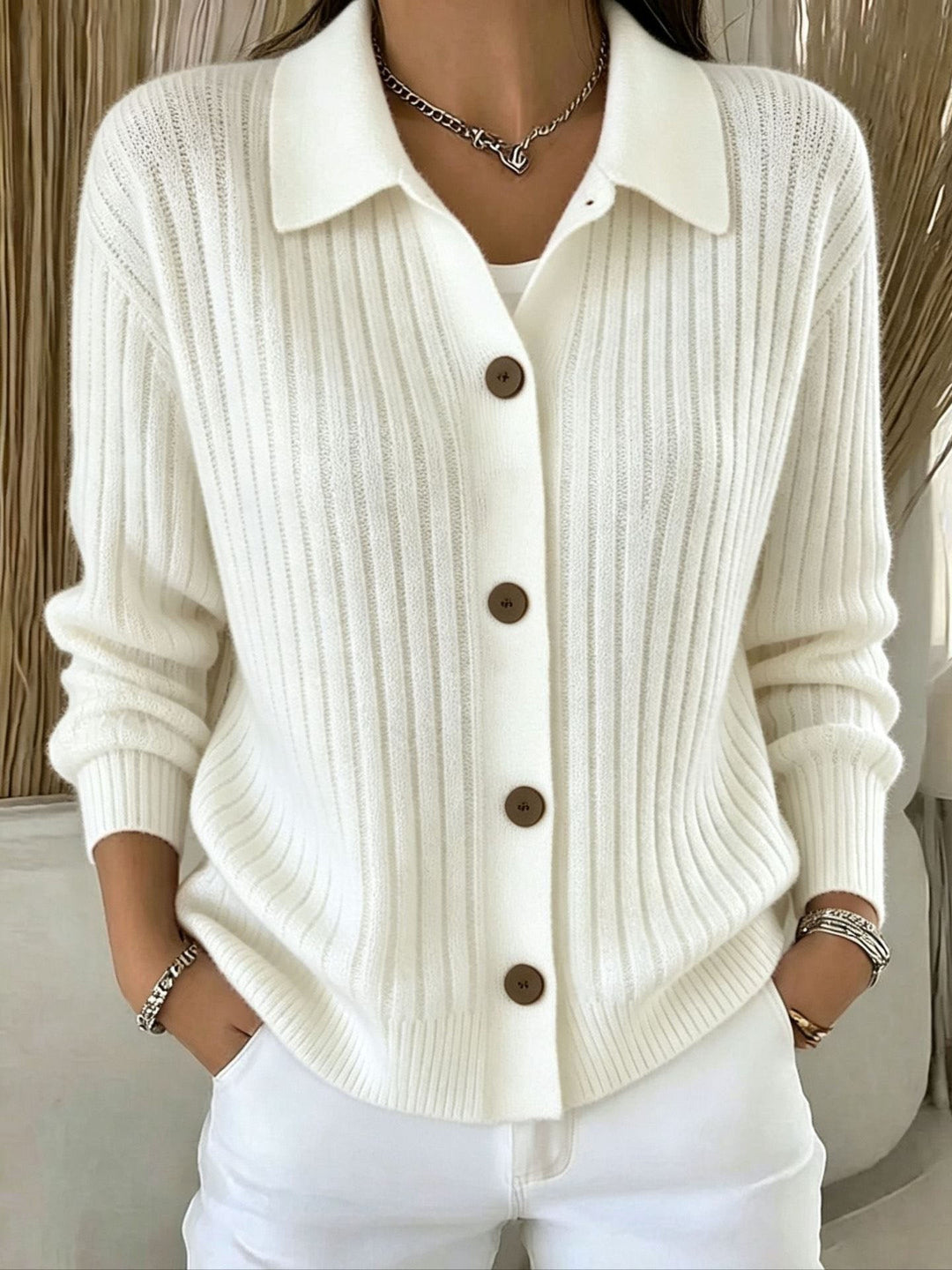 Angeline | Ribbed Collared Button-Down Cardigan