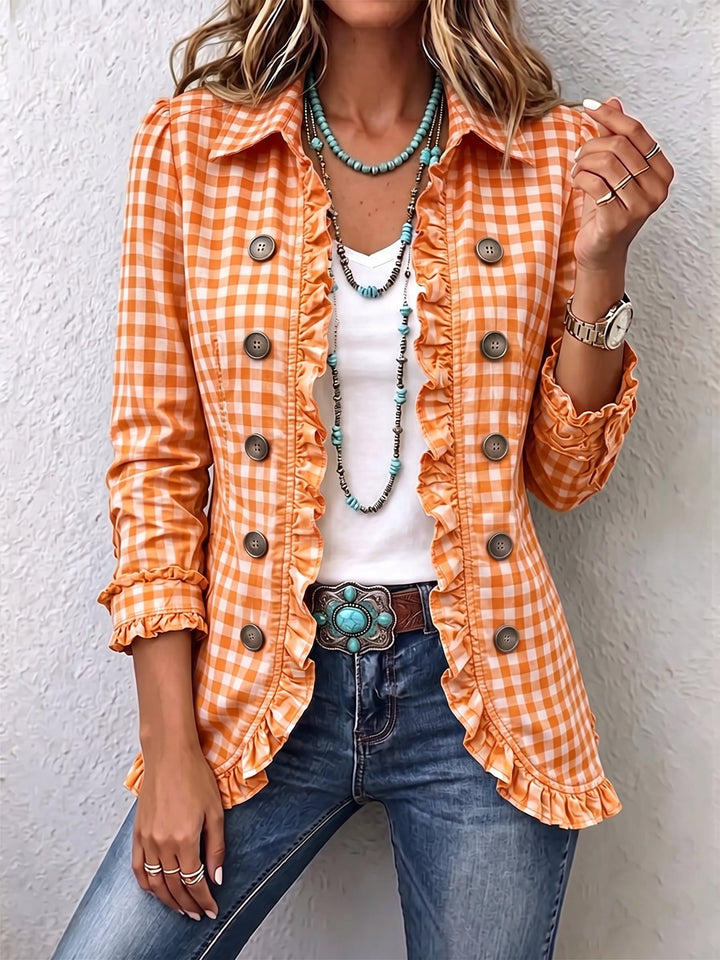 Marlbeth | Checked Ruffle-Trim Button Jacket