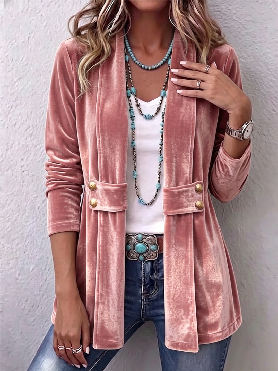 Georgette | Lapel Button-Accent Open Front Jacket