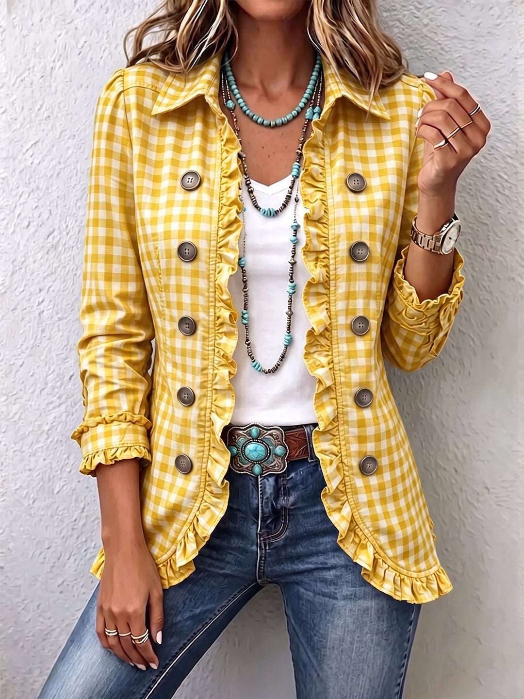 Marlbeth | Checked Ruffle-Trim Button Jacket