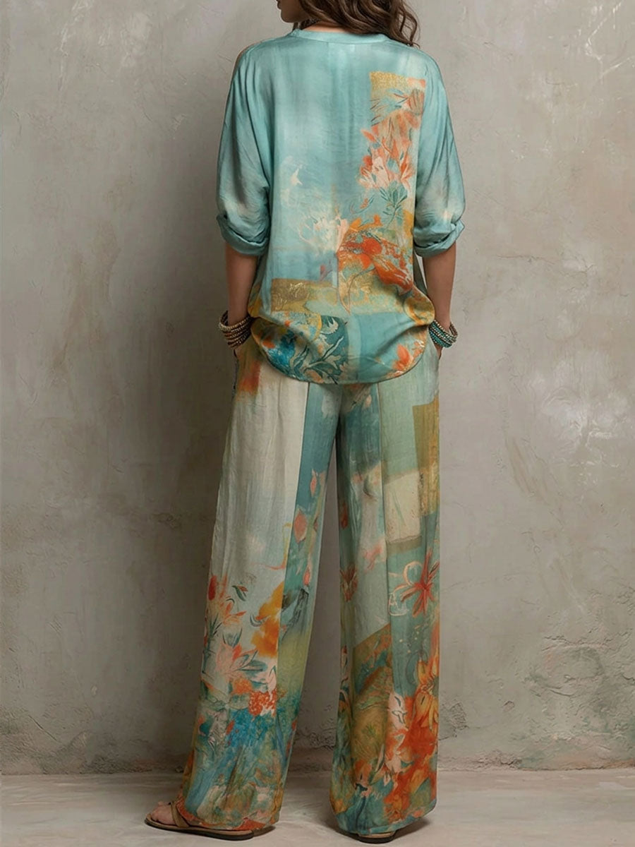 Solange | Painterly Floral Wide-Leg Two-Piece Set