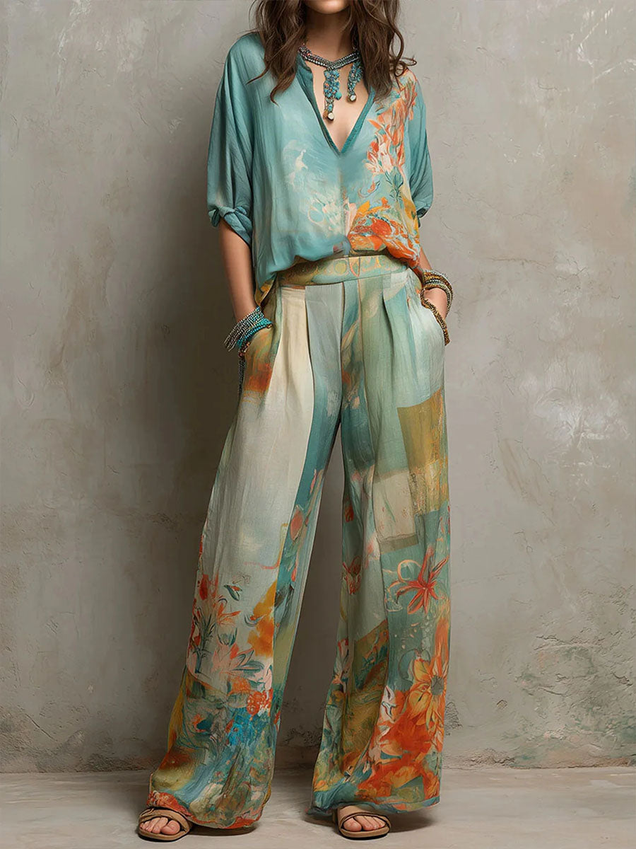 Solange | Painterly Floral Wide-Leg Two-Piece Set