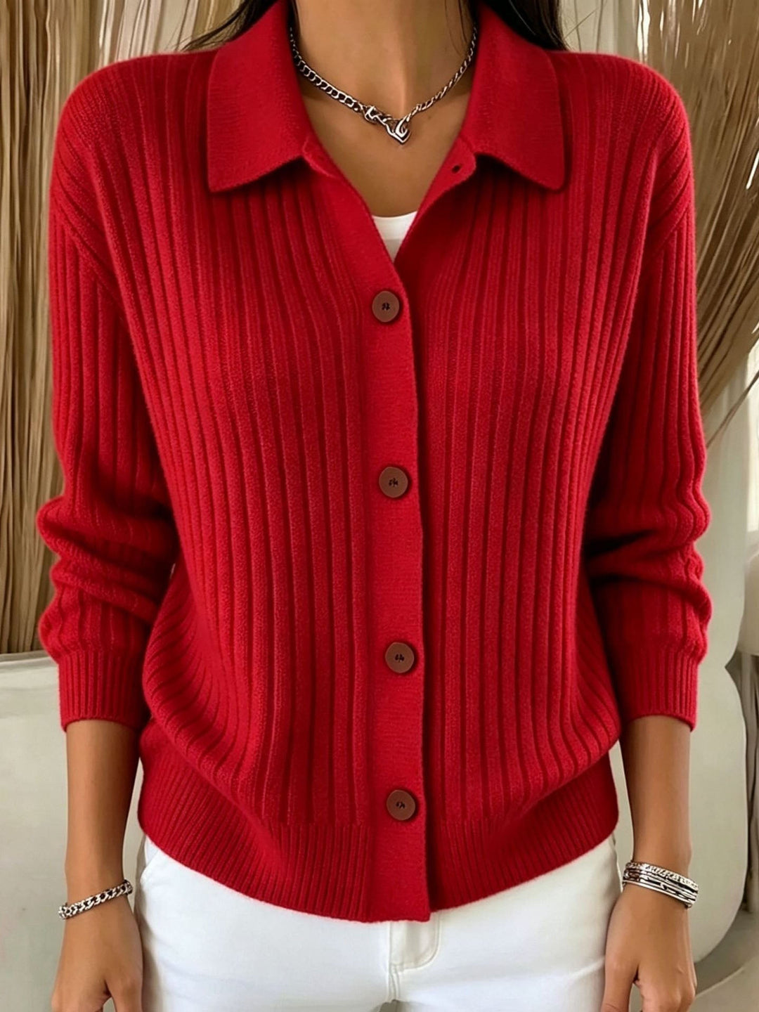 Angeline | Ribbed Collared Button-Down Cardigan