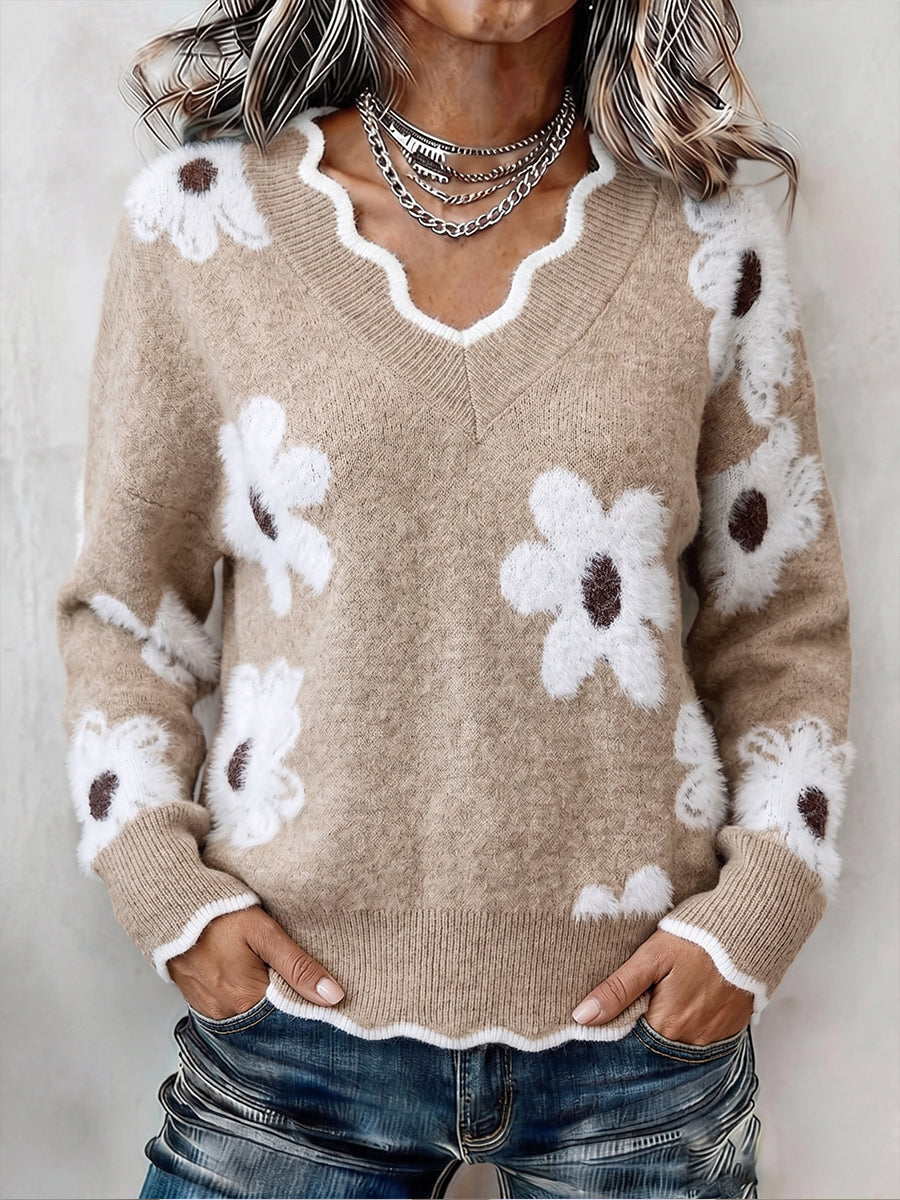 Corabel | Floral Scalloped V-Neck Jumper