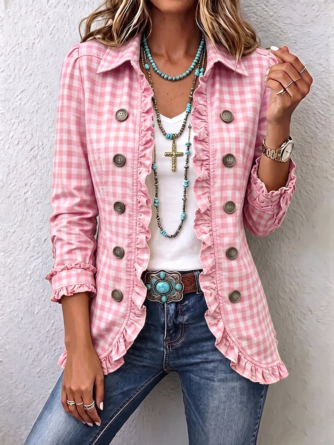 Marlbeth | Checked Ruffle-Trim Button Jacket