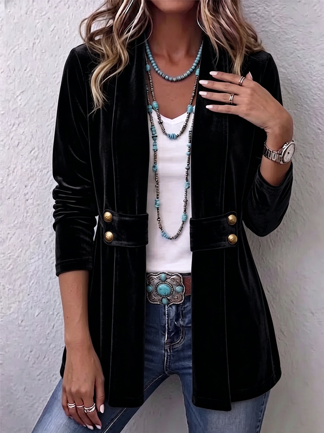 Georgette | Lapel Button-Accent Open Front Jacket