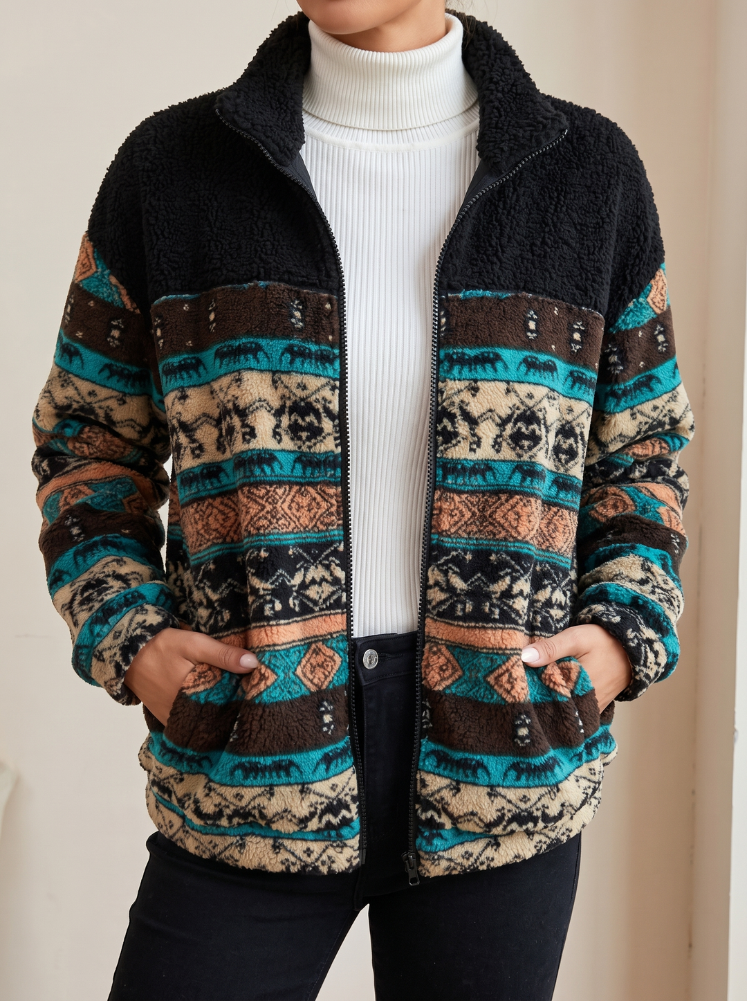Waverly | Patterned Plush Zip Jacket