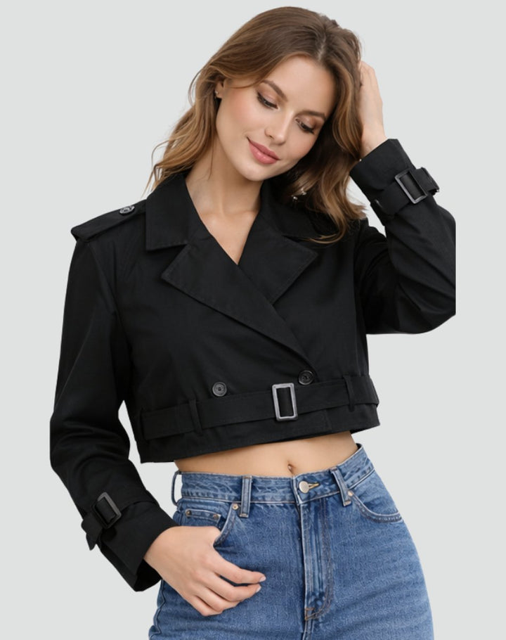 Harriet | Cropped Double-Breasted Belted Trench Jacket