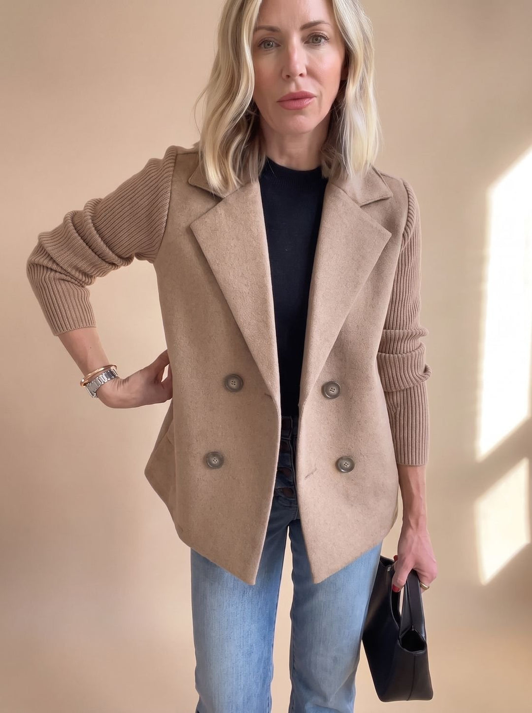 Gillian | Double-Breasted Knit-Sleeve Blazer