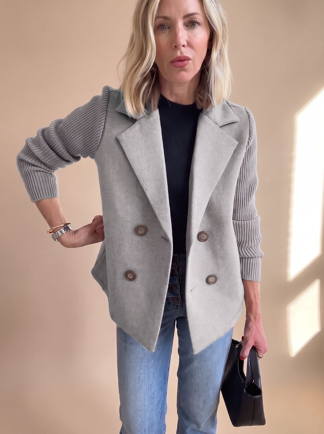 Gillian | Double-Breasted Knit-Sleeve Blazer