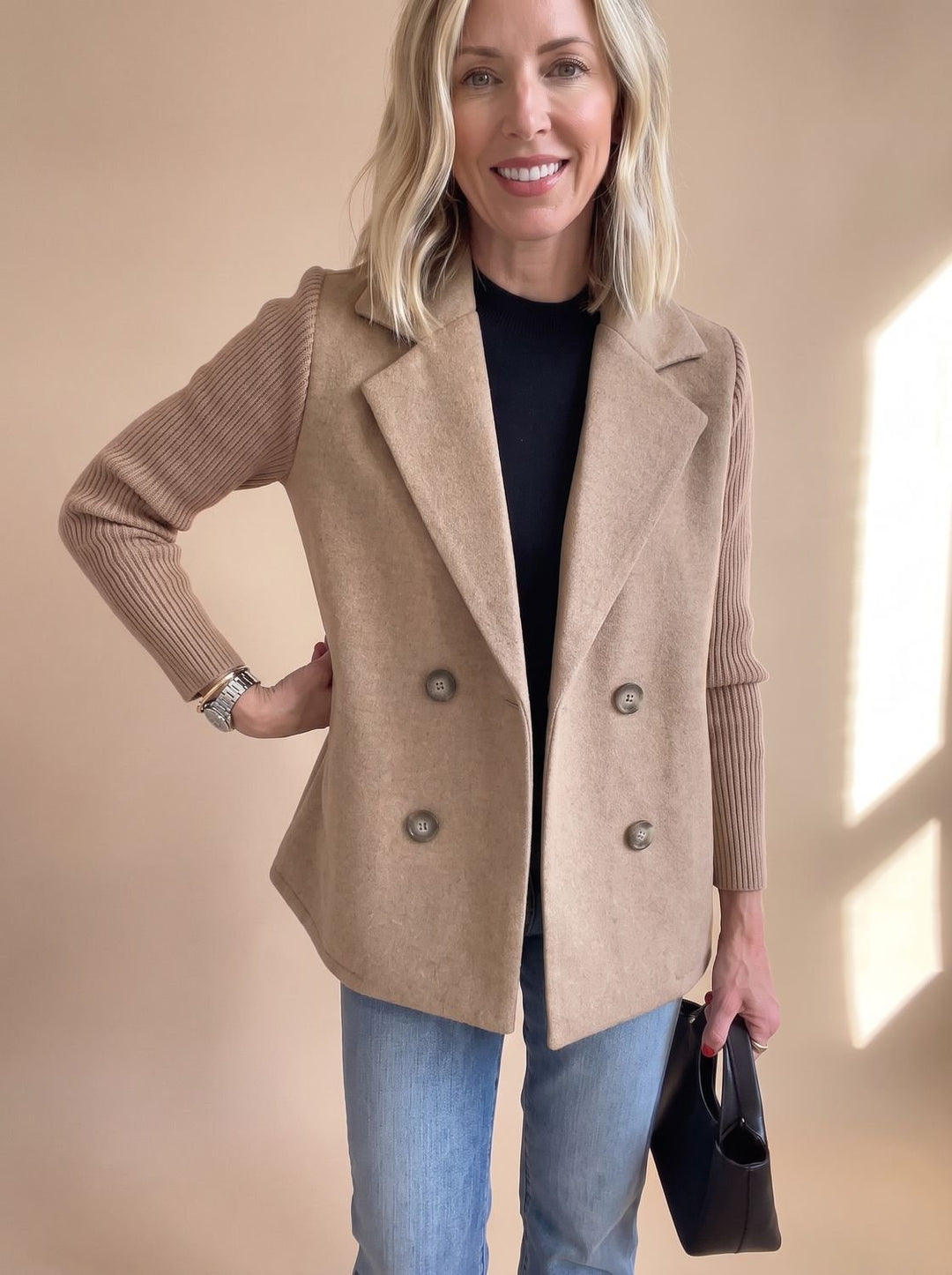Gillian | Double-Breasted Knit-Sleeve Blazer
