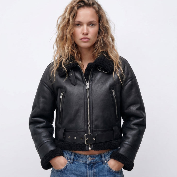 Freda | Belted Cropped Aviator Jacket