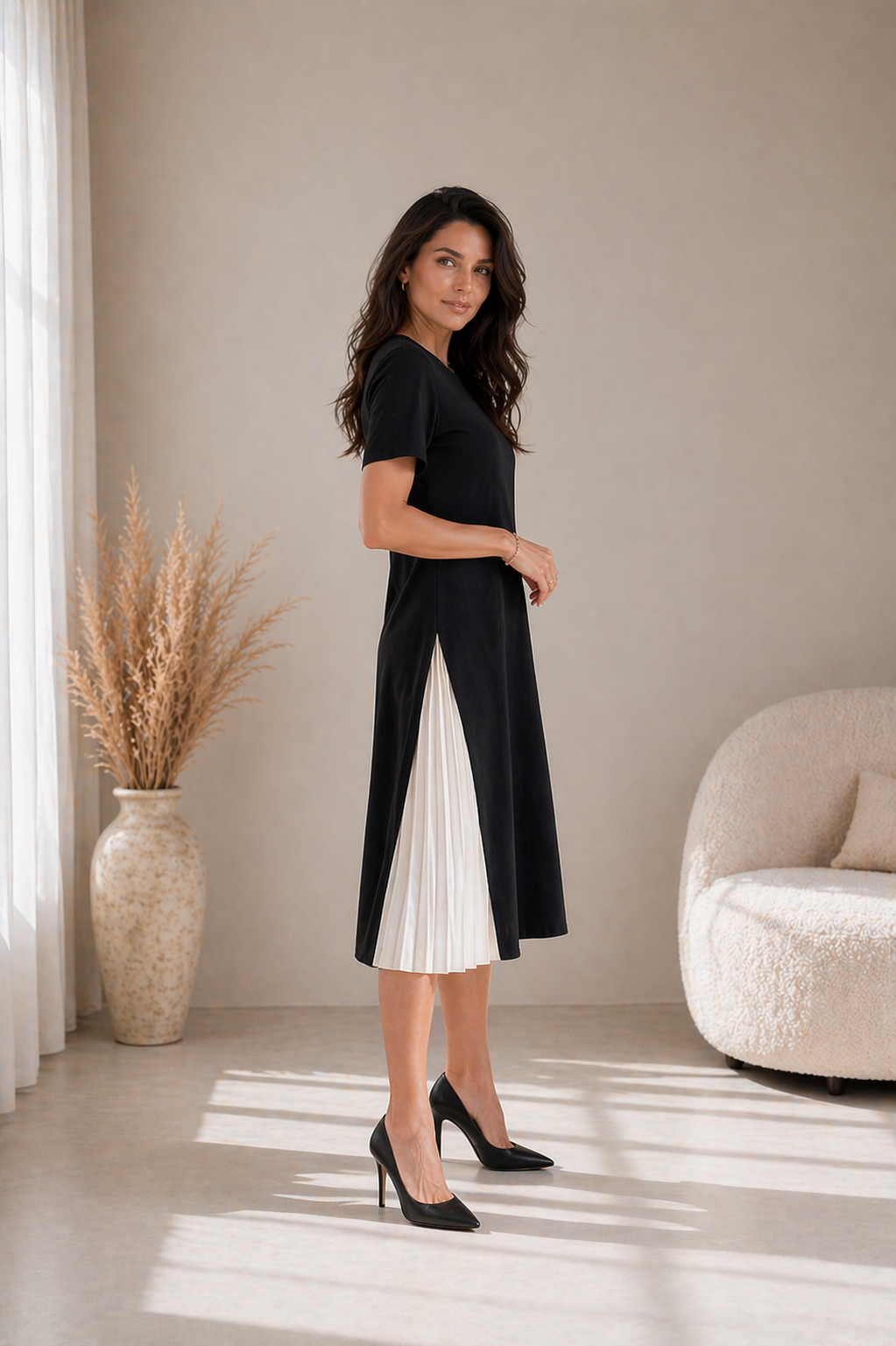 Milena | Pleated Panel Midi Dress