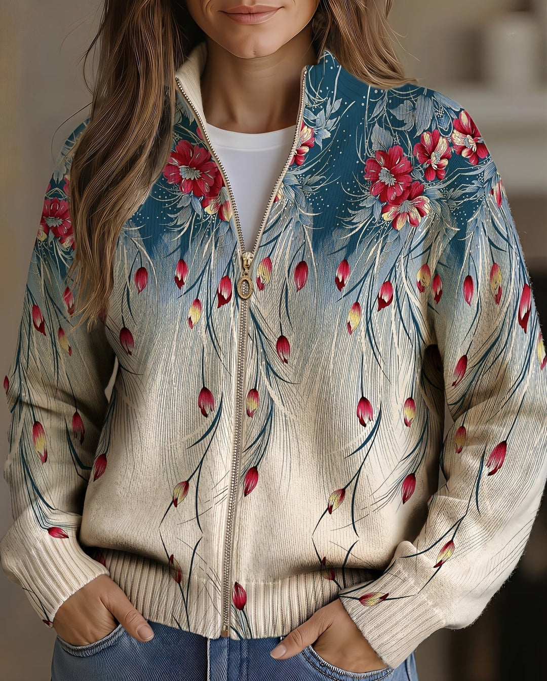 Adelina | Feather-Print Zip Jacket